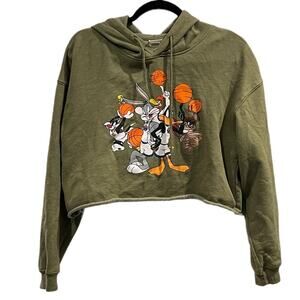 Space Jam Looney Tunes Cropped Hoodie Women's S Green Bugs Bunny Basketball